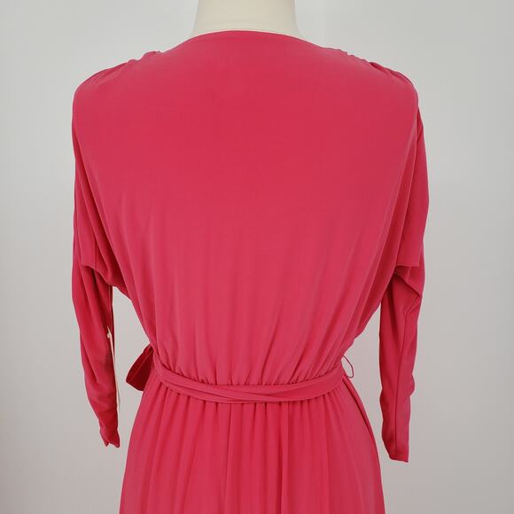 Eliza J Faux Wrap Cocktail Dress 10 Jersey Knit Belted V Neck High Low Hem Pink - Picture 7 of 13